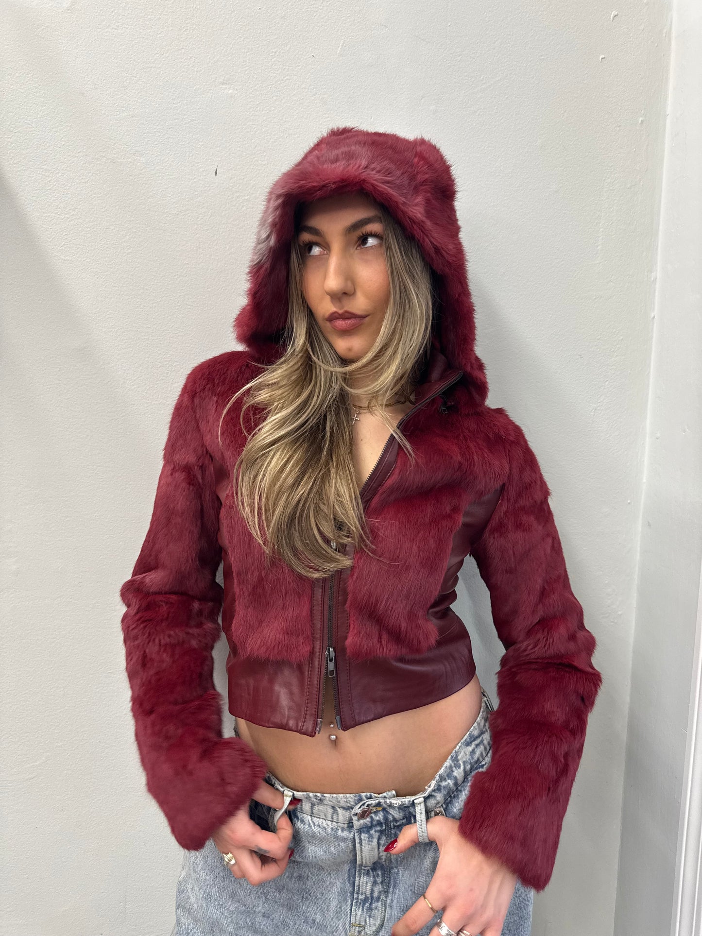 Bebe Fire Red Fur Hooded Jacket with Leather Detail