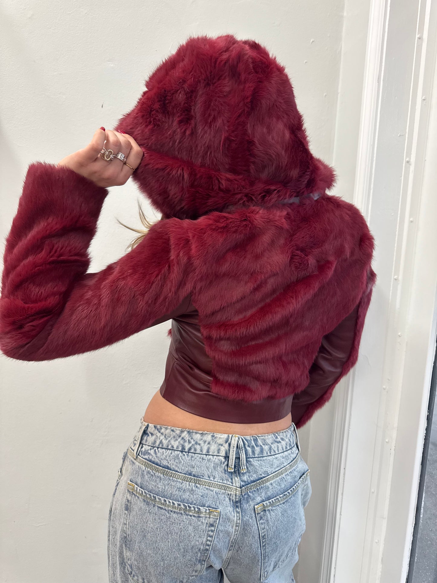 Bebe Fire Red Fur Hooded Jacket with Leather Detail
