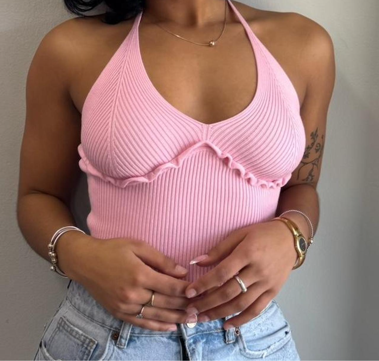 Majorelle Knit Halter Ruffle Tank