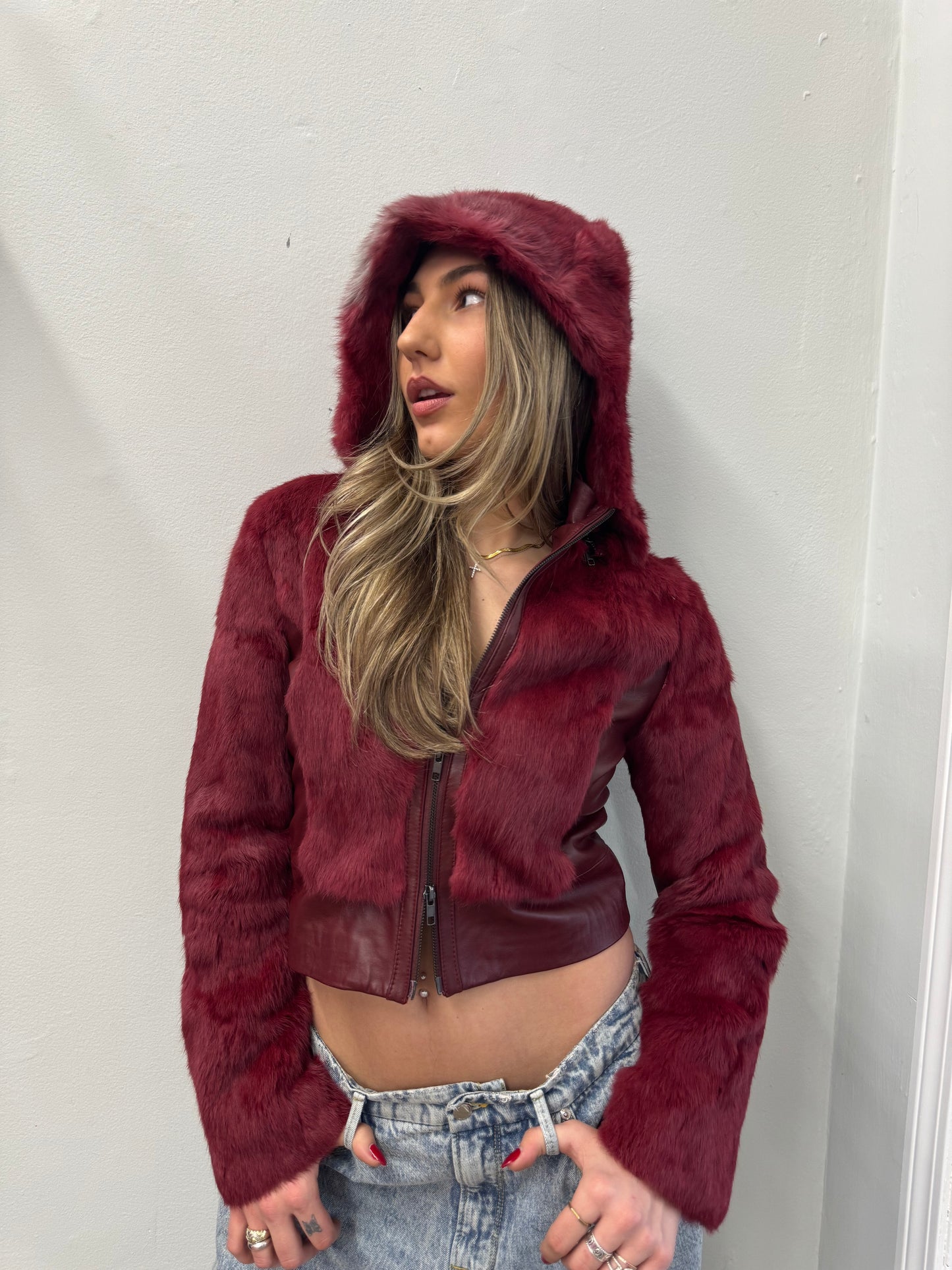 Bebe Fire Red Fur Hooded Jacket with Leather Detail