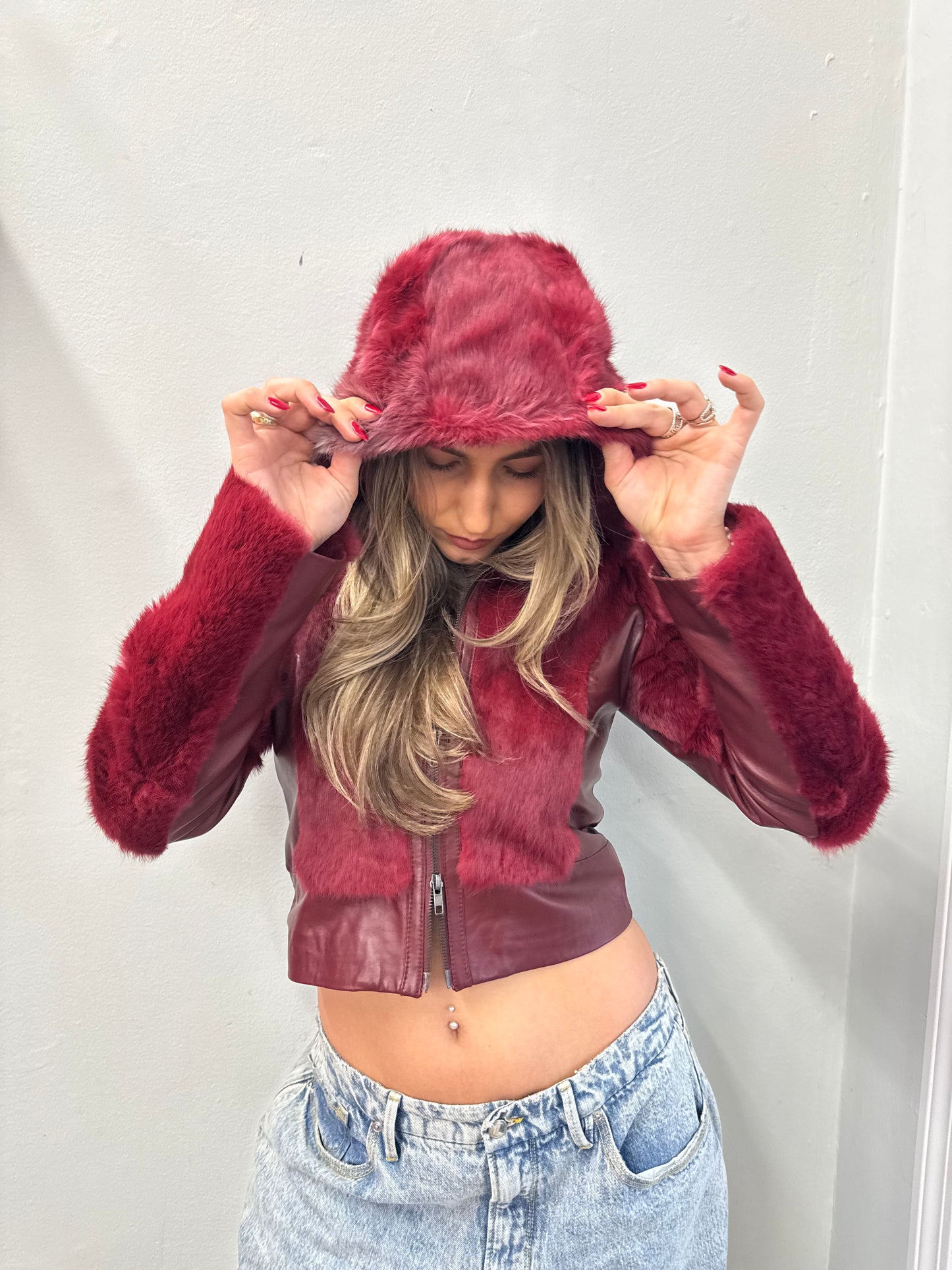 Bebe Fire Red Fur Hooded Jacket with Leather Detail